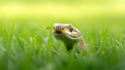 Fototapeta premium Cobra in the Grass: A king cobra swallows a cricket in the tall grass.