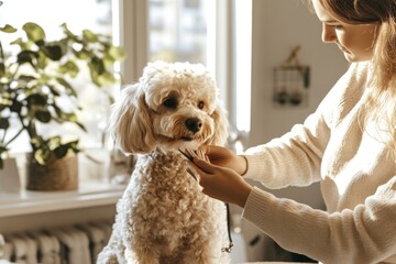 A woman carefully grooms her fluffy white dog while sitting in a warmly lit room with green plants, capturing a serene and intimate moment between pet and owner.