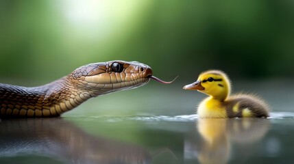 Fototapeta premium Cobra by the Pond: A king cobra swallows a duckling near a serene pond.