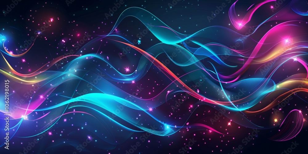 Aufkleber vibrant neon waves intertwined with sparkling particles create a dynamic abstract background. this m
