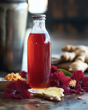 A handcrafted artisanal small-batch kombucha brewed with locally sourced hibiscus flowers and ginger, offering a refreshing and slightly tangy beverage with a rich