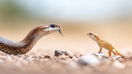 Fototapeta premium Cobra vs. Lizard: A king cobra strikes a lizard on rocky terrain.