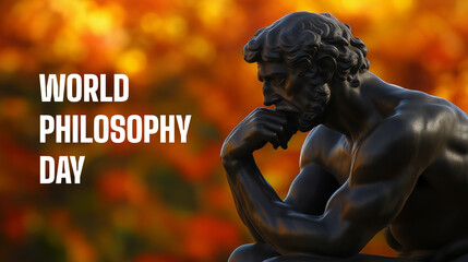 World Philosophy Day banner with statue of thinker in deep contemplation, ideal for education, events, and philosophical reflections or celebrations