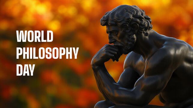 World Philosophy Day banner with statue of thinker in deep contemplation, ideal for education, events, and philosophical reflections or celebrations - Powered by Adobe
