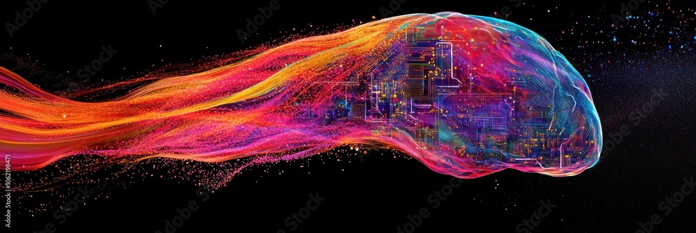 Poster abstract brain with colorful flowing lines and particles.