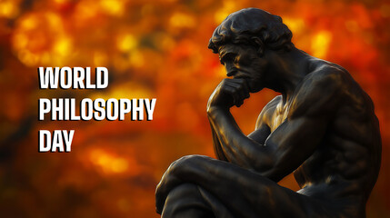 World Philosophy Day banner with statue of thinker in deep contemplation, ideal for education, events, and philosophical reflections or celebrations