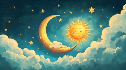 The sun and the moon in a cartoon style, with clouds in between them.