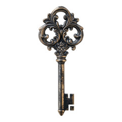 An ornate vintage key, featuring intricate floral designs, highlights craftsmanship and elegance against a black background.