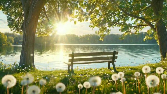 A serene lakeside scene featuring a bench under trees with dandelions and sunlight.