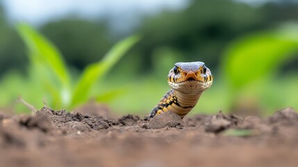 Fototapeta premium Cobra's Ambush: A king cobra strikes a mouse from its hiding spot.