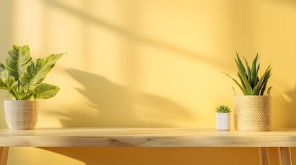 Plants on Wooden Shelf Against Yellow Wall

