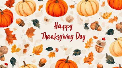 Watercolor autumn pattern with pumpkins, leaves, acorns, and cones for thanksgiving day festivities