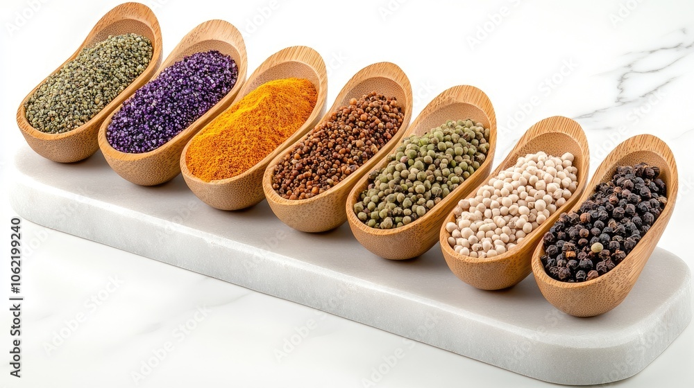 Poster a vibrant array of colorful spices in wooden spoons artfully arranged on a marble plate against a ru