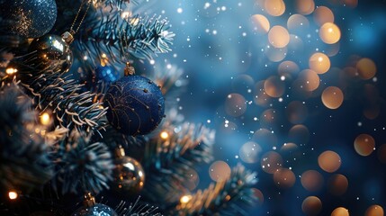 Blue Night Christmas Tree with Baubles and Glittering Lights