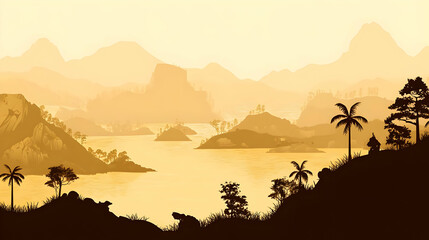 A serene landscape featuring mountains, a river, and silhouettes of trees at sunset. AI Image