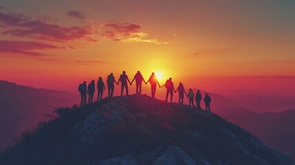 Silhouettes of people holding hands on a mountain peak at sunset.