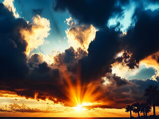 Obraz premium A vibrant sunset with dramatic clouds and rays of light, creating a serene atmosphere. AI Image