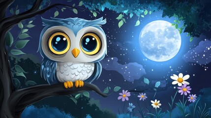 Obraz premium A Cute Owl Perched on a Branch Under a Full Moon
