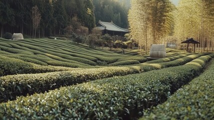 A lush green tea farm with vibrant rows of tea plants stretching into the distance under soft sunlight, perfect for fresh matcha production.