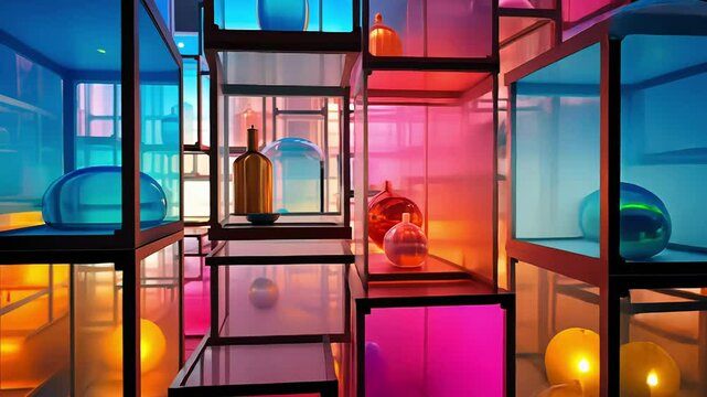 A colorful display of glass boxes with a variety of colored balls inside