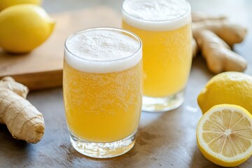 A zesty fermented ginger beer brewed with fresh ginger and lemon, offering a refreshing, bubbly beverage perfect for those seeking a gut-healthy alternative to traditional soft drinks