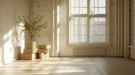 Minimalistic interior with stacked moving boxes and a potted plant near a large window, illuminated by soft sunlight