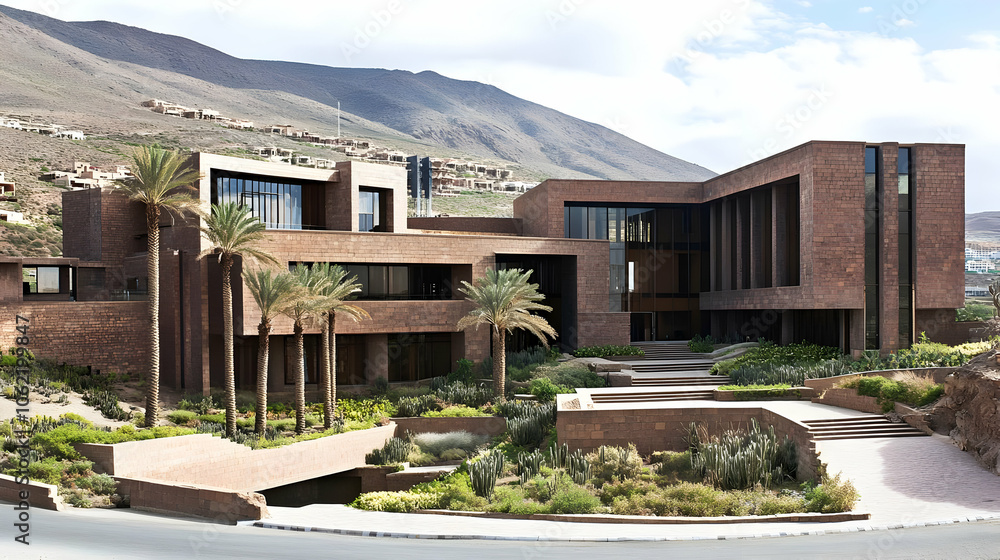 Poster modern architectural design featuring a large building with landscaping and palm trees. ai image