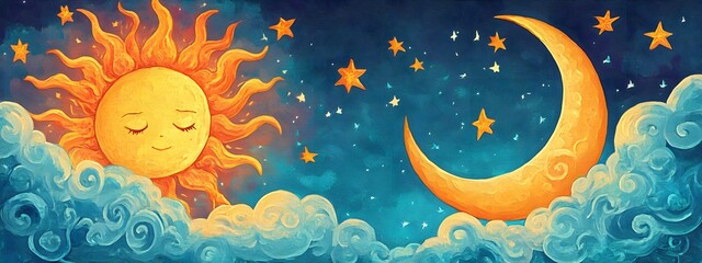 The sun and the moon in a cartoon style, with clouds in between them.