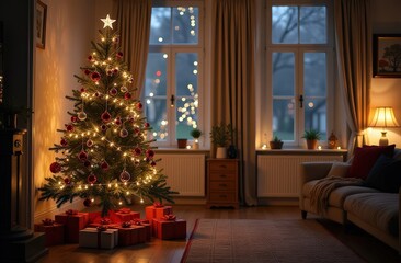 Christmas tree in the interior of a cozy living room, gifts under the tree, winter evening