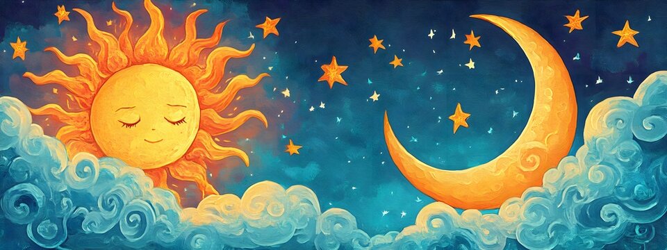 The sun and the moon in a cartoon style, with clouds in between them.