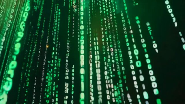 A digital representation of cascading green binary code, evoking themes of technology and data.