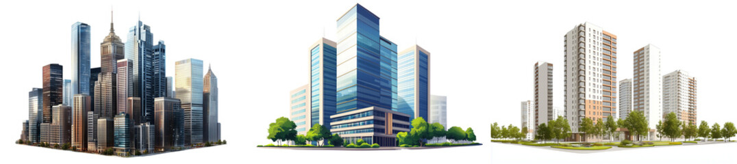 Fototapeta premium Set of modern buildings, with sleek lines and glass facades, representing contemporary architecture, isolated on transparent background.