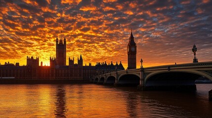 Naklejka premium Dramatic sunset over the Houses of Parliament and Big Ben in London, England.