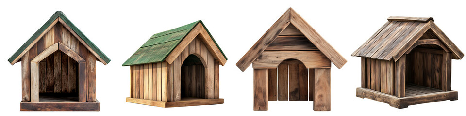 Set of a wooden dog house with a roof, featuring rustic textures and a cozy design, isolated on transparent background.