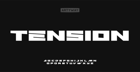 Wide bold alphabet, modern geometric letters, thick powerful font for industrial and futuristic logos, sports branding, impactful headlines. Contemporary rectangular glyphs typeface. Vector typeset.