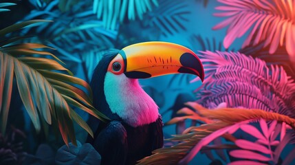 Naklejka premium A toucan with a large orange beak is nestled among tropical foliage, bathed in neon blue and pink light.