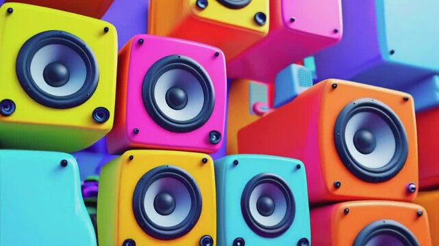 A colorful arrangement of speakers stacked together, showcasing vibrant design and sound equipment.