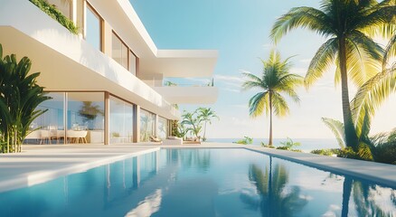 Fototapeta premium A contemporary modern white villa with large windows, surrounded by palm trees and an infinity clear swimming pool in front. The style is high luxury with detailed architecture and modern furnishings.