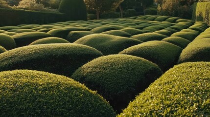 Obraz premium A quiet green tea plantation at sunset with long shadows cast over the bushes, illustrating the scenic beauty of matcha's natural source.