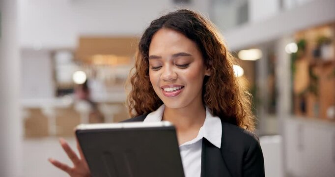 Hotel, concierge and business woman on tablet for online bookings, guest service and reservation. Professional, receptionist and person on digital tech for hospitality website for job, work or career