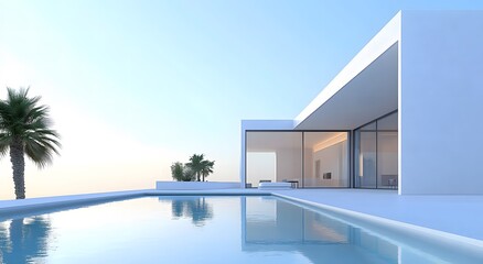 A contemporary modern white villa with large windows, surrounded by palm trees and an infinity clear swimming pool in front. The style is high luxury with detailed architecture and modern furnishings.