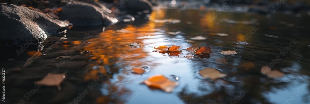Poster close up of fall leaves floating on the surface of a clear stream.