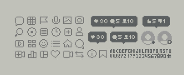 Pixel app icons set of social networks. Monochrome Interface navigation and app icons in 8-bit retro game. Pixel social media icons set of likes, dislikes and followers, commet silhouette pixel vector © VRTX