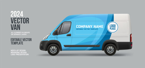 Side view Delivery Van mockup with abstract blue branding design. Delivery vehicle brand identity.  Editable vector