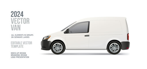 Realistic Delivery Van Side view blank mockup on white background. White   Suv Car with space for text or your branding design - editable vector template. Delivery vehicle