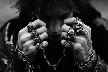 Obraz premium A young man wearing multiple rings on both hands, featuring skulls and gothic designs, heavy metal fashion influence.