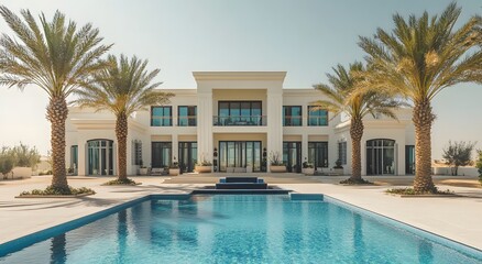 Fototapeta premium A contemporary modern white villa with large windows, surrounded by palm trees and an infinity clear swimming pool in front. The style is high luxury with detailed architecture and modern furnishings.