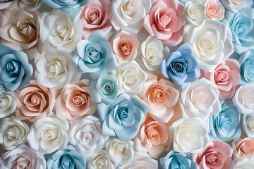 A wall of paper roses in pastel colors, with pink, white, and blue roses, creating a floral backdrop for wedding photography.
