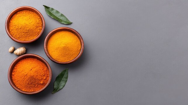 Artful arrangement of turmeric, ginger, and cumin in rustic wooden bowls on a soft gray surface with space for creative culinary text