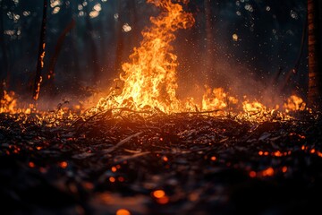 A Fiery Blaze Engulfing Dry Leaves and Twigs in a Forest